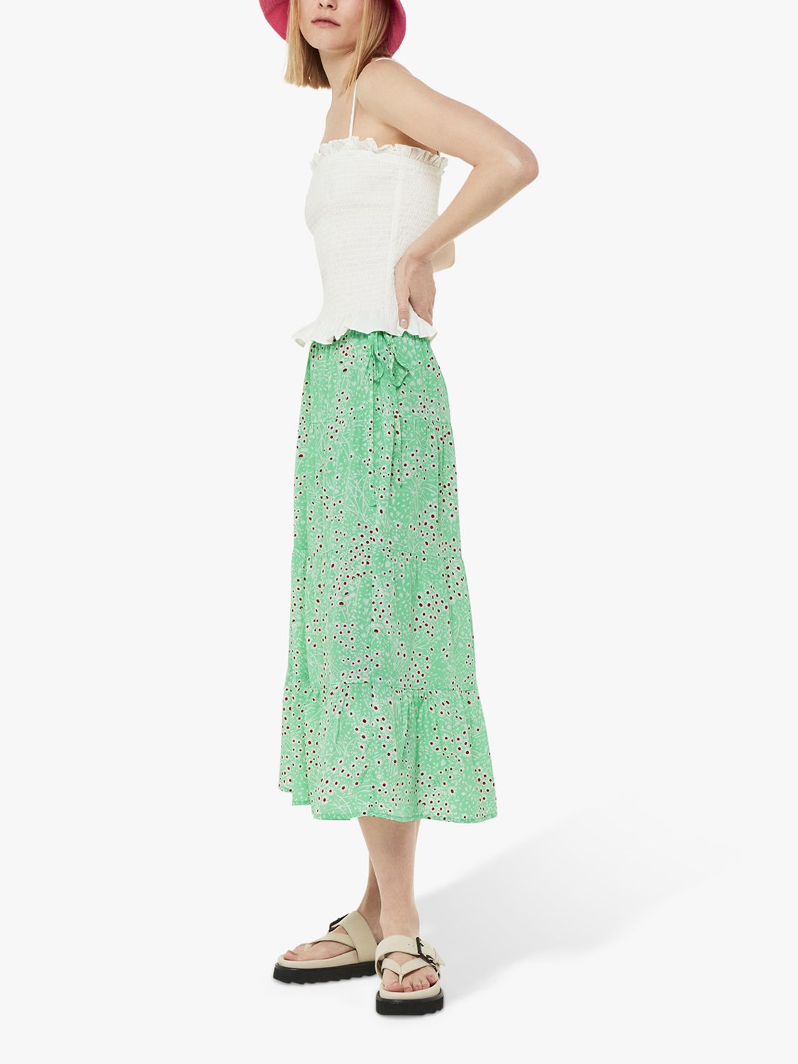 Whistles Daisy Meadow Tie Side Tiered Skirt, Green