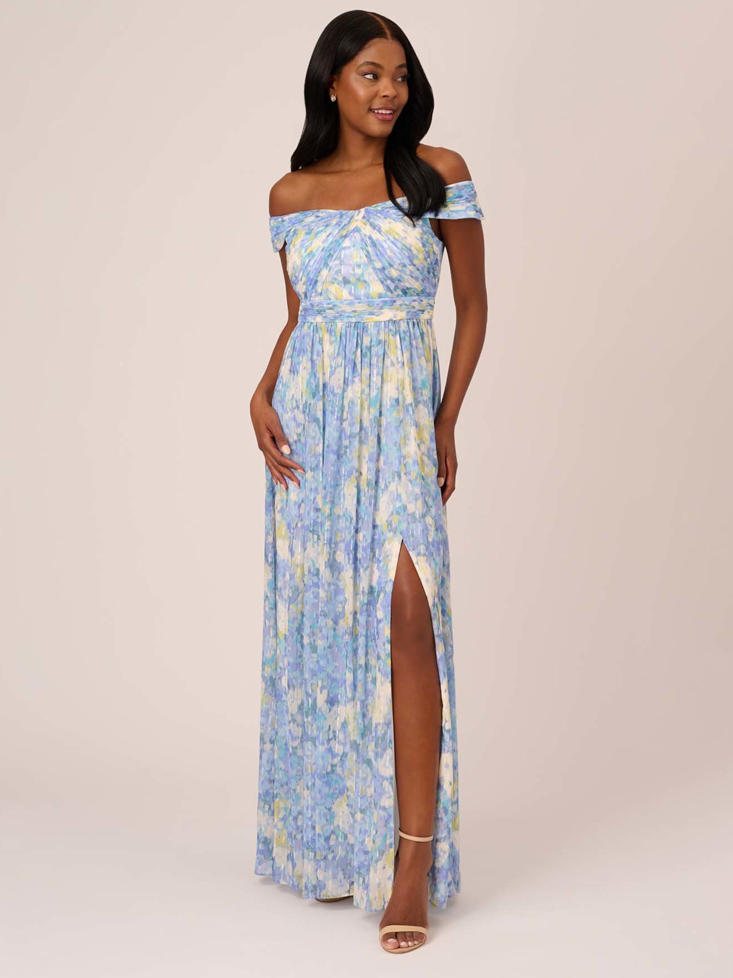 Adrianna Papell Watercolour Floral Off The Shoulder Maxi Dress, Blue/Multi,  6