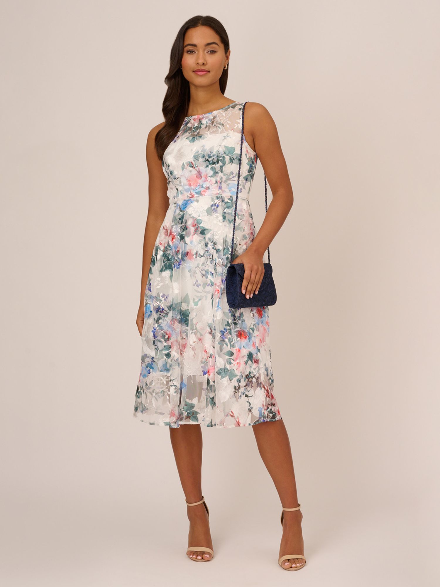 Adrianna Papell Floral Printed Veiled Dress, Ivory/Multi