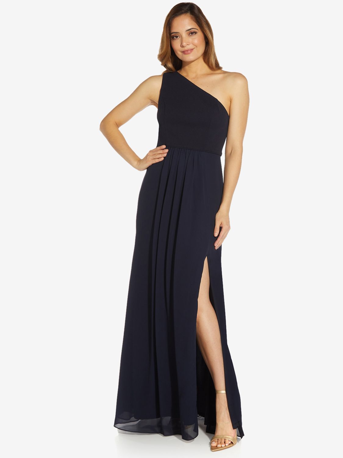Adrianna Papell One Shoulder Chiffon Gown, Midnight at John Lewis & Partners