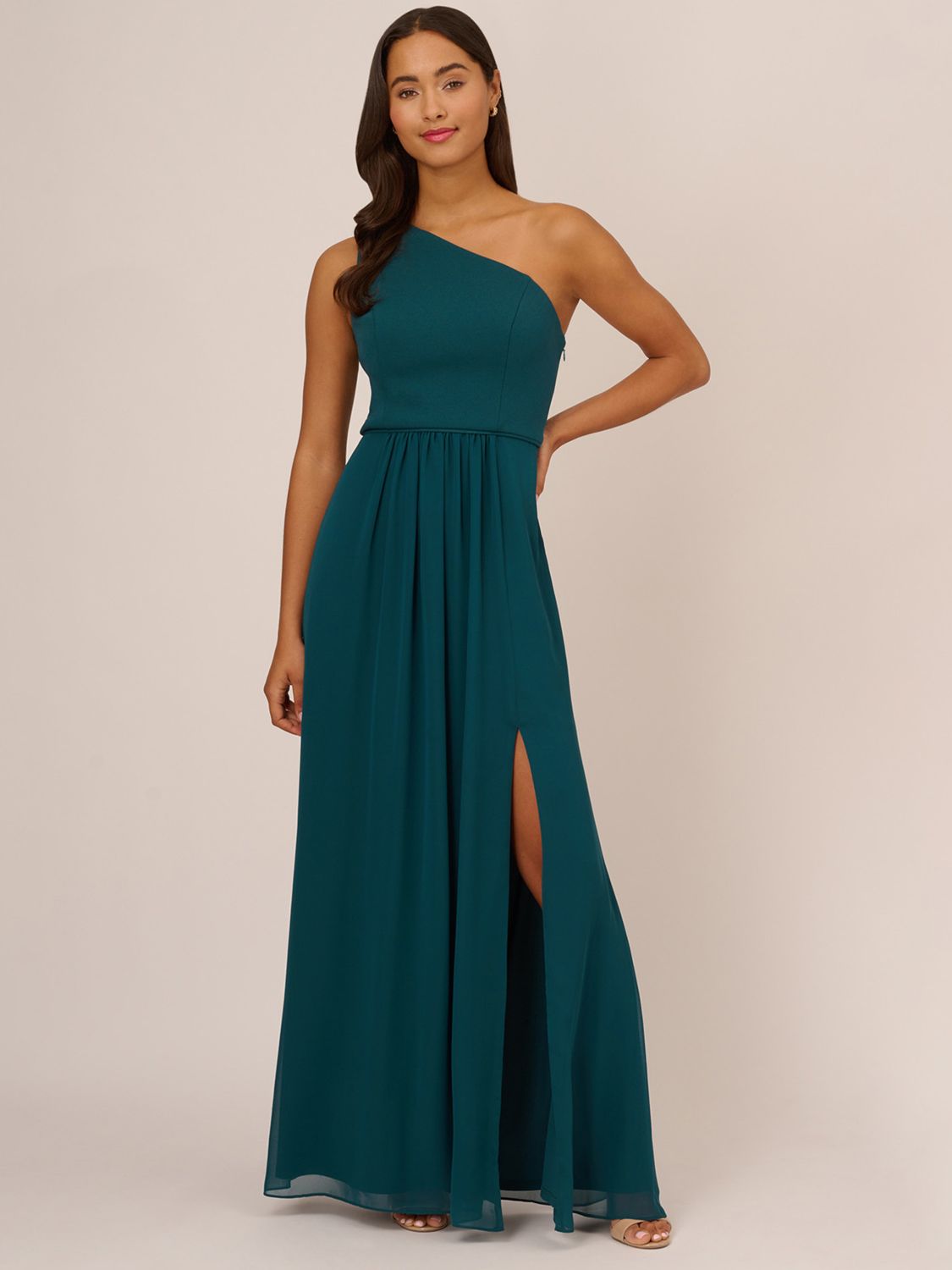 Adrianna Papell One Shoulder Chiffon Gown, Hunter at John Lewis & Partners
