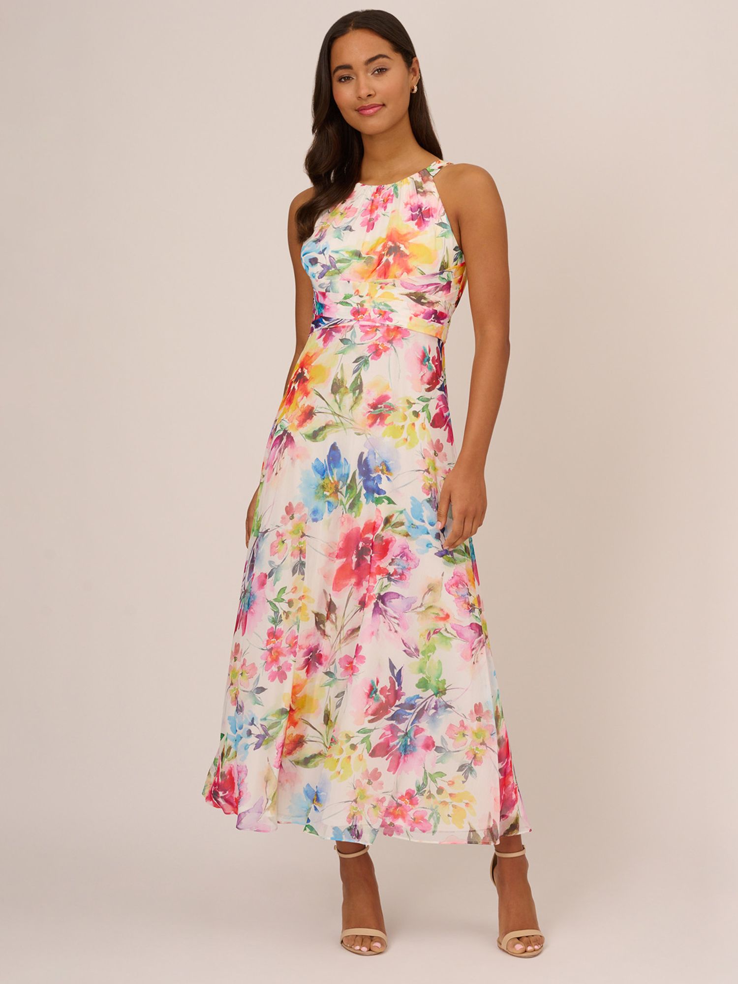 Adrianna Papell Floral Chiffon Halterneck Maxi Dress, Ivory/Multi