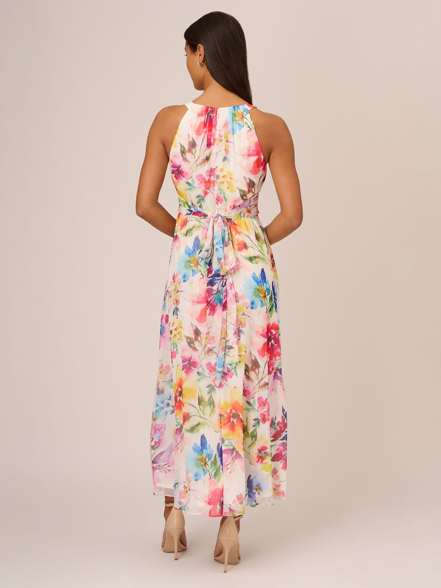 Adrianna Papell Floral Chiffon Halterneck Maxi Dress Ivory Multi