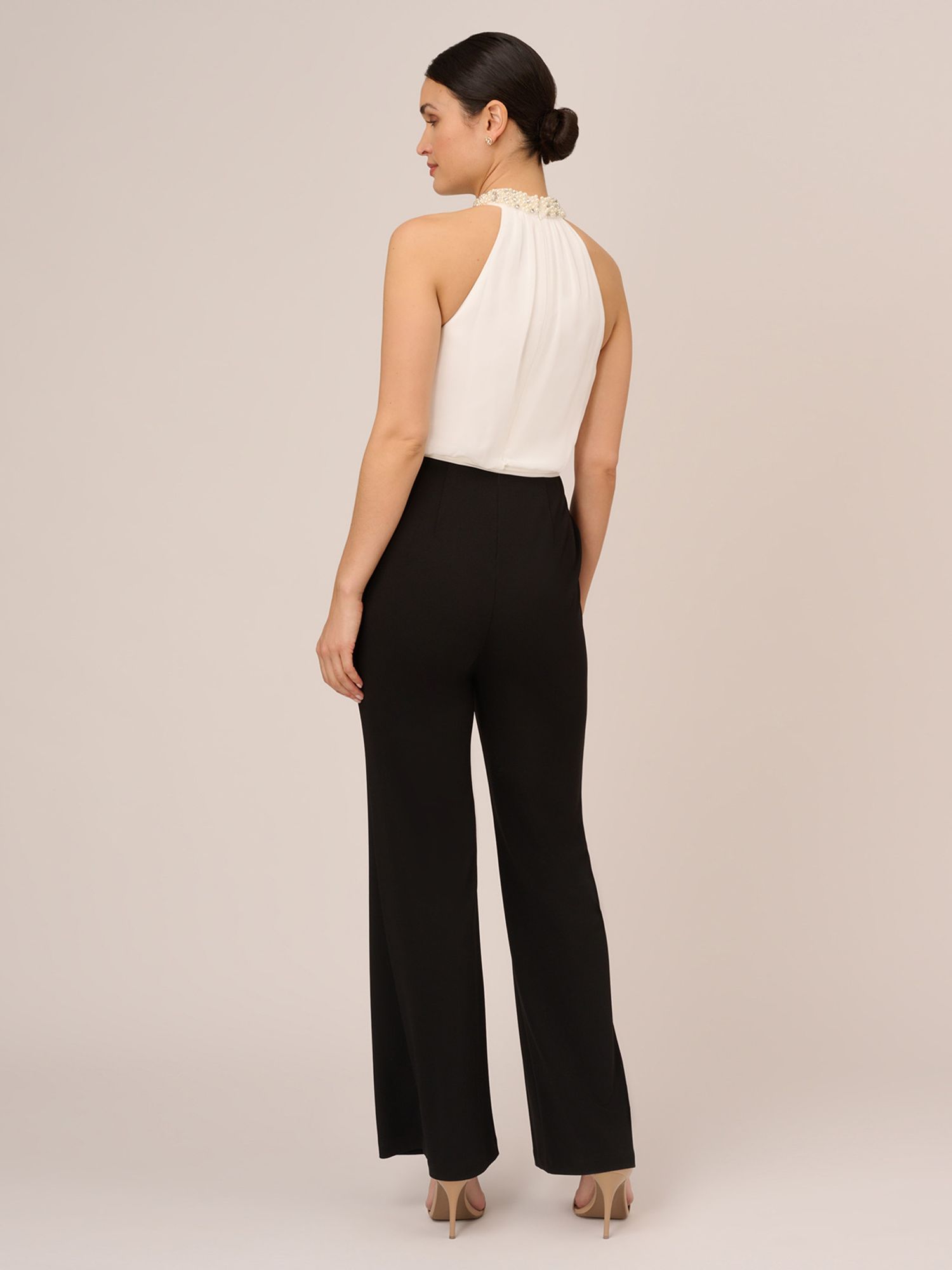 Adrianna Papell Faux Pearl Chiffon Crepe Jumpsuit, Ivory/Black at John ...