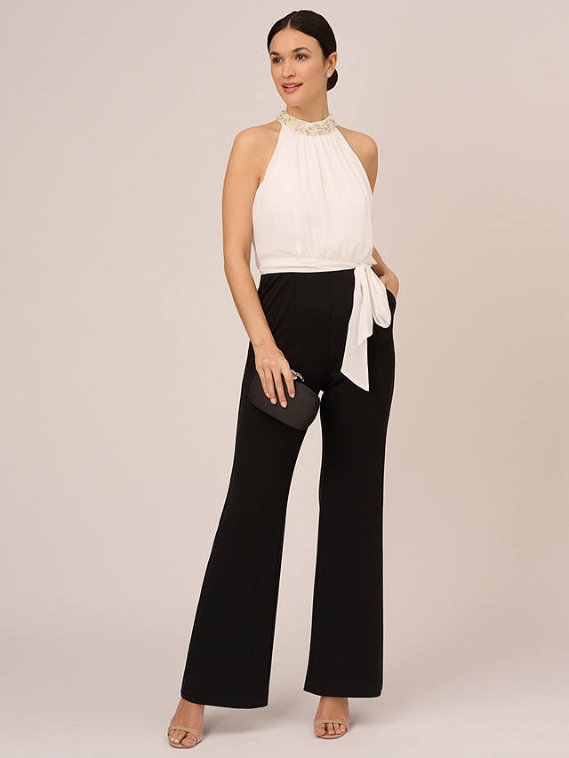Adrianna Papell Faux Pearl Chiffon Crepe Jumpsuit, Ivory/Black
