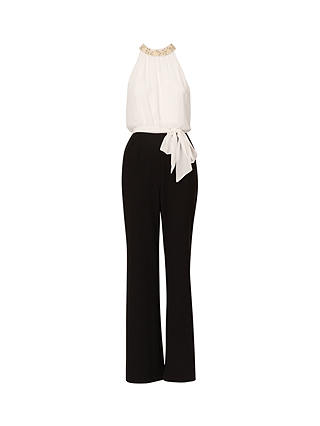 Adrianna Papell Faux Pearl Chiffon Crepe Jumpsuit, Ivory/Black