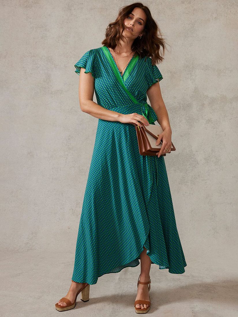 Mint Velvet Madeline Print Wrap Midi Dress, Green, XS