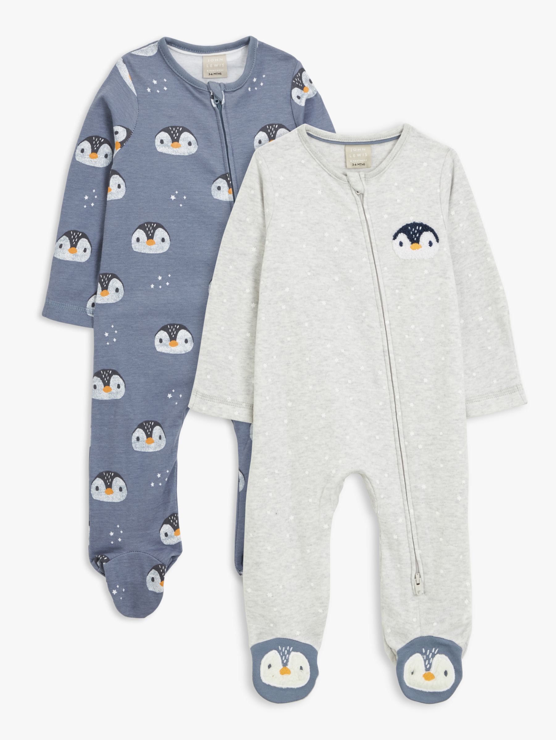 John Lewis Baby Penguin Sleepsuit, Pack of 2, Multi