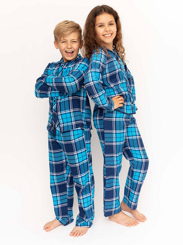 Minijammies Kids' Felix Check Unisex Pyjamas, Dark Blue