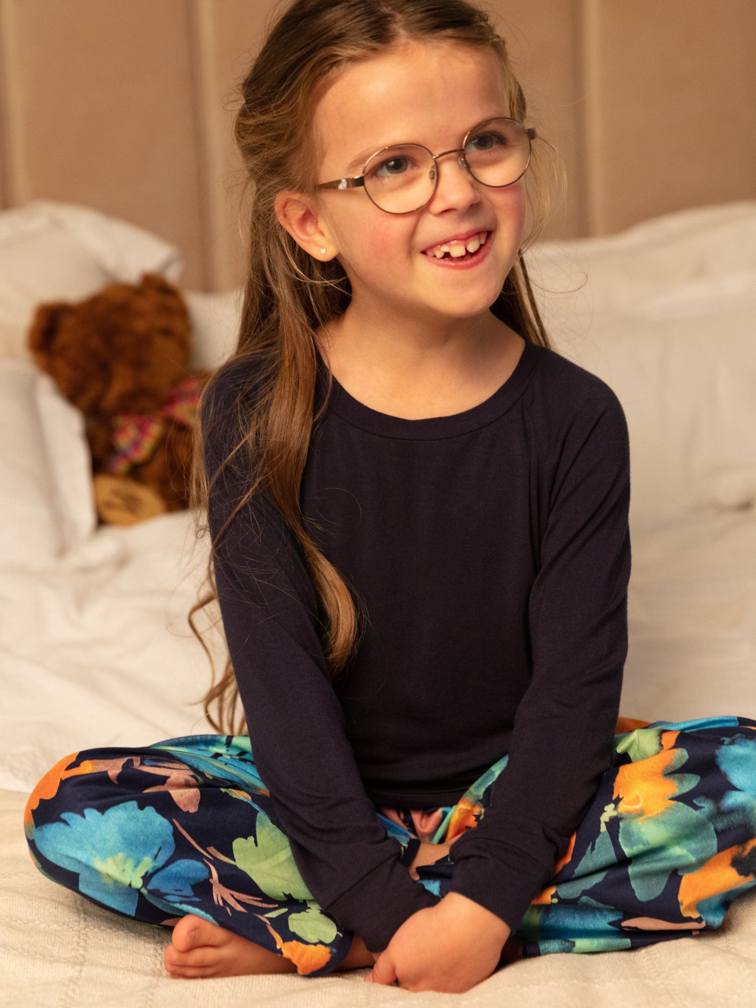 Minijammies Kids' Bea Slouch Top and Floral Print Pyjama Bottoms Set, Dark Blue, 2-3 years