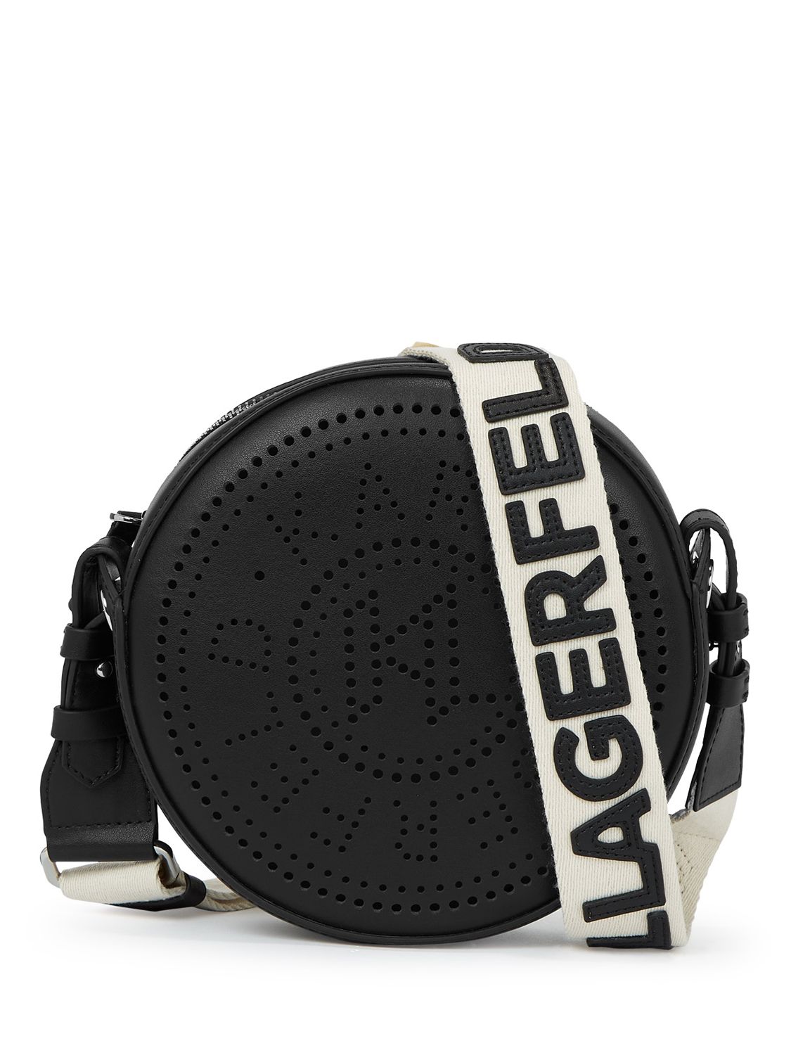 KARL LAGERFELD Large Circle Perforated Leather Cross Body Bag, Black at ...