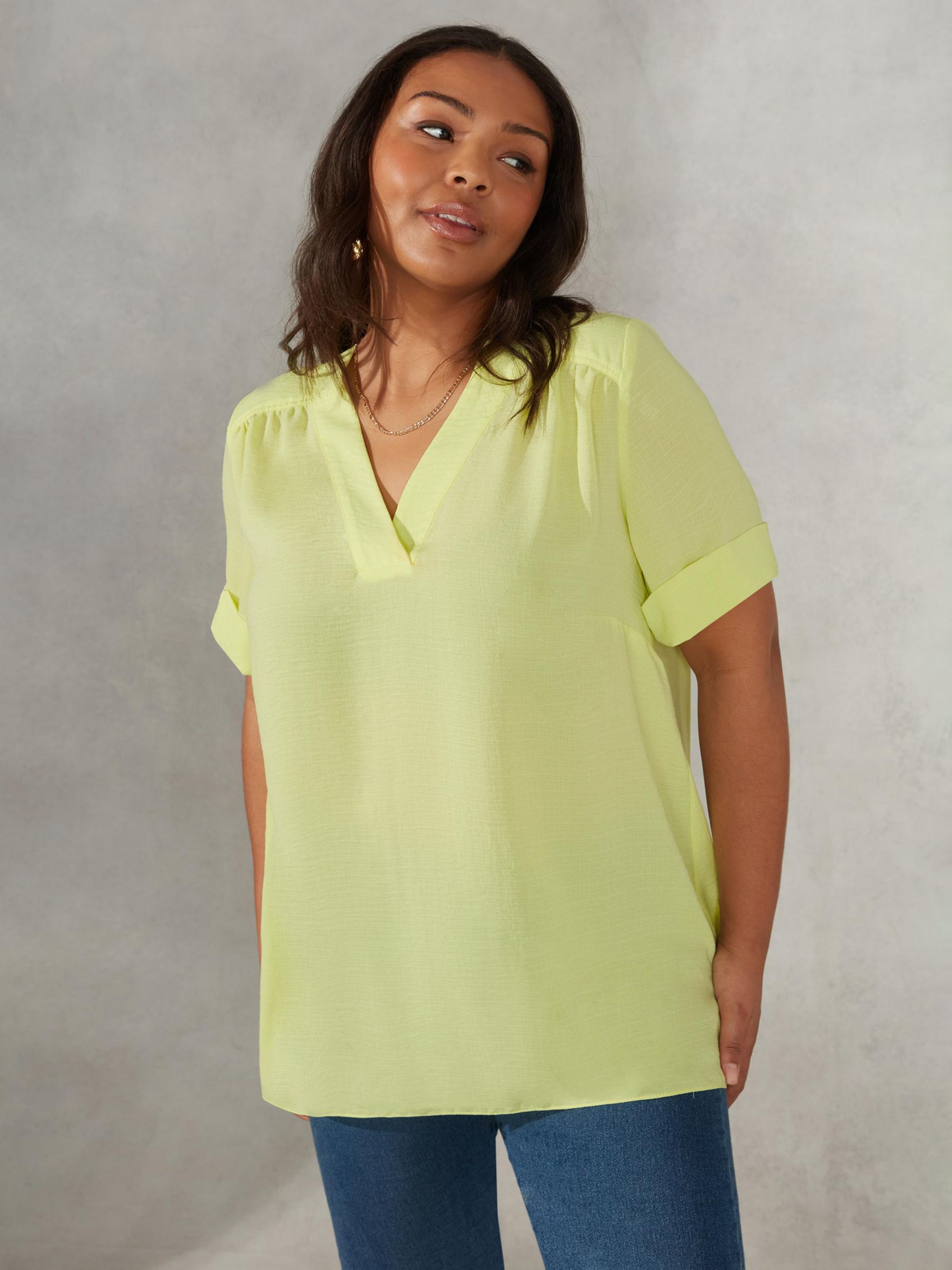 Live Unlimited Curve Chambray V Neck Blouse, Chartreuse, 12