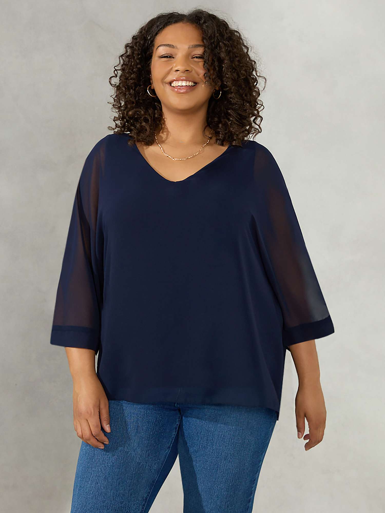 Buy Live Unlimited Curve V-Neck Chiffon Overlay Top, Navy Online at johnlewis.com