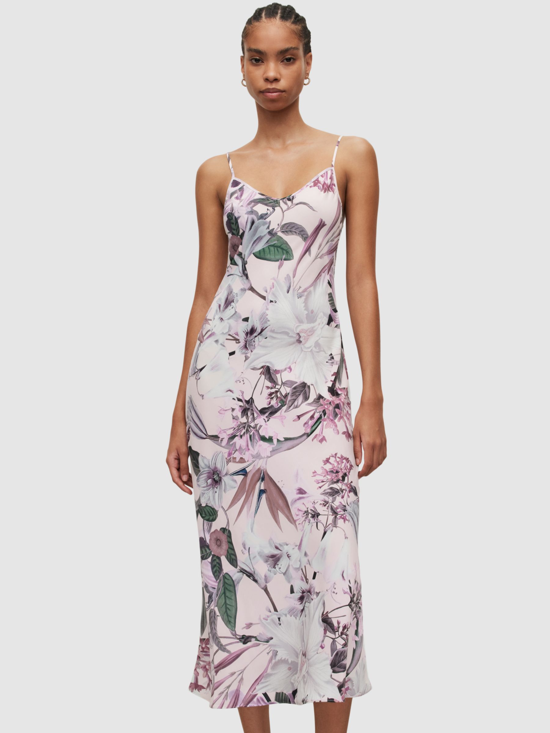 AllSaints Bryony Leondra Floral Print Midi Slip Dress, Soft Pink