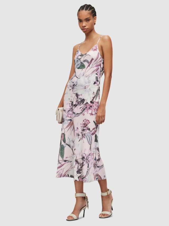 AllSaints Bryony Leondra Floral Print Midi Slip Dress, Soft Pink, 6
