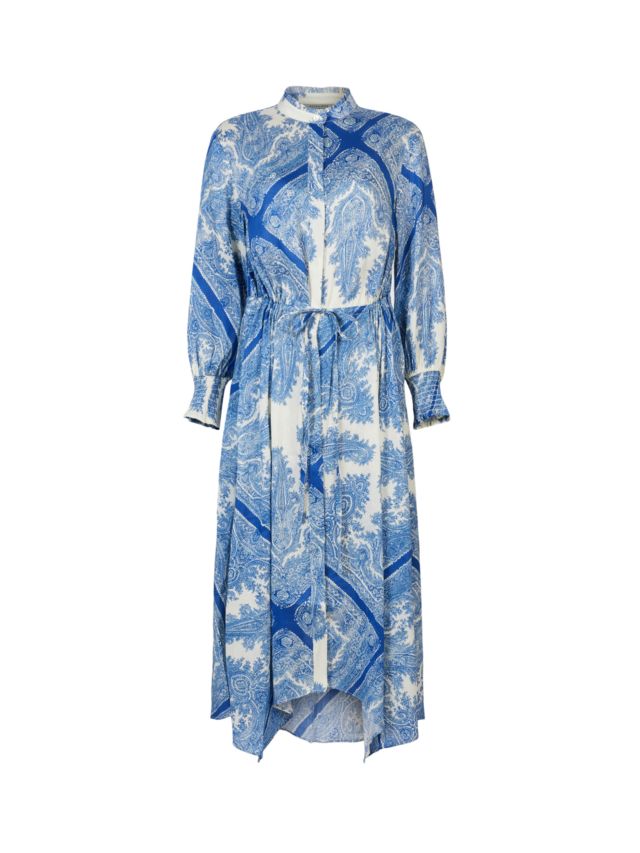 AllSaints Skylar Rafaela Linen Blend Midi Shirt Dress, Blue, 6