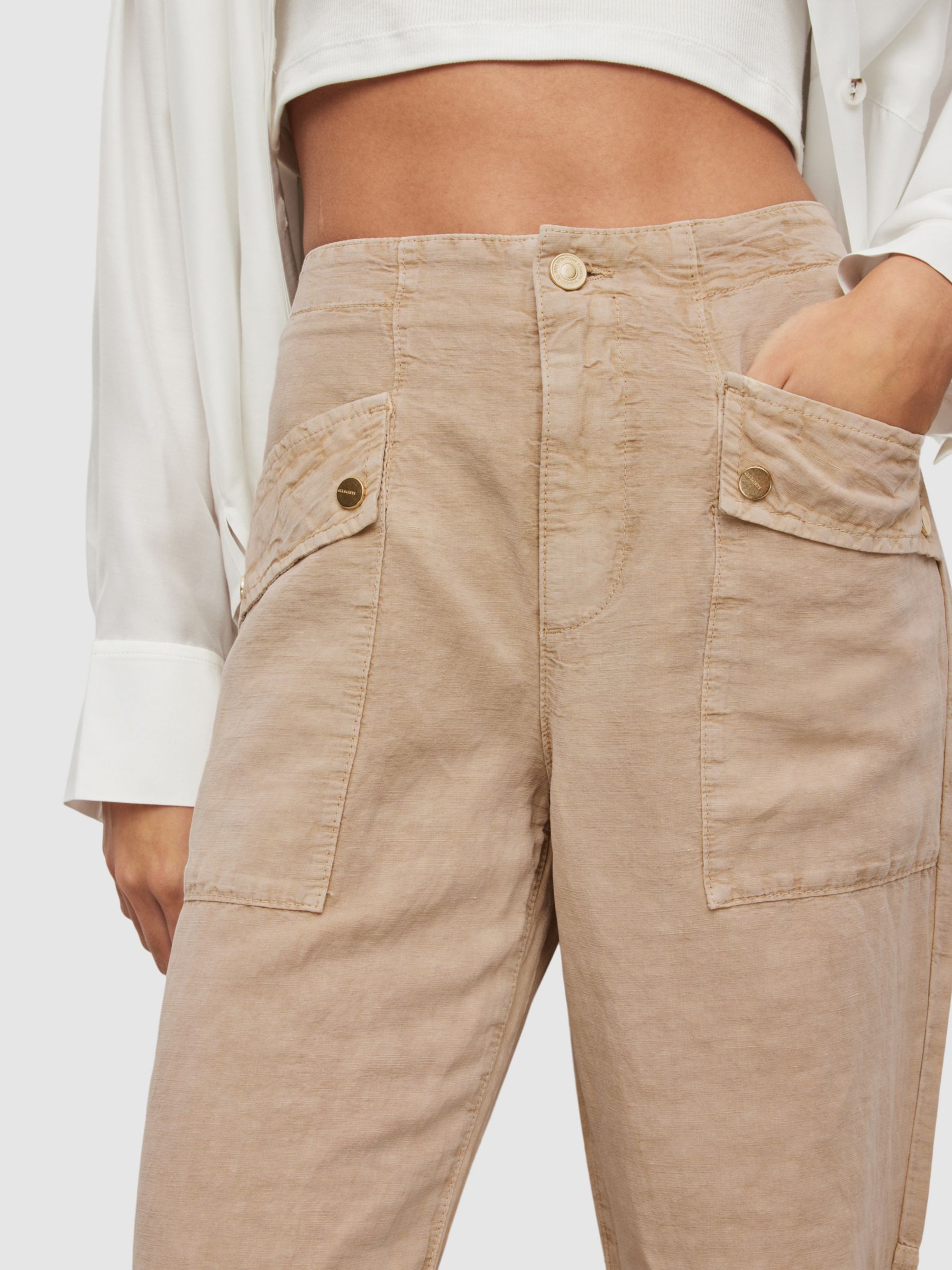 AllSaints Val Linen Blend Cargo Trousers, Sand, 6