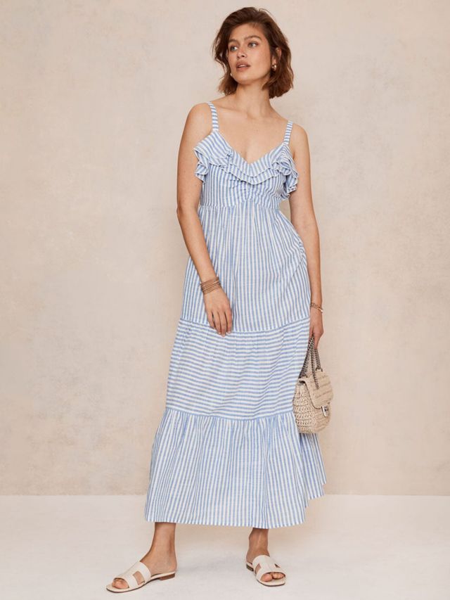 Blue and white striped ruffle clearance dress