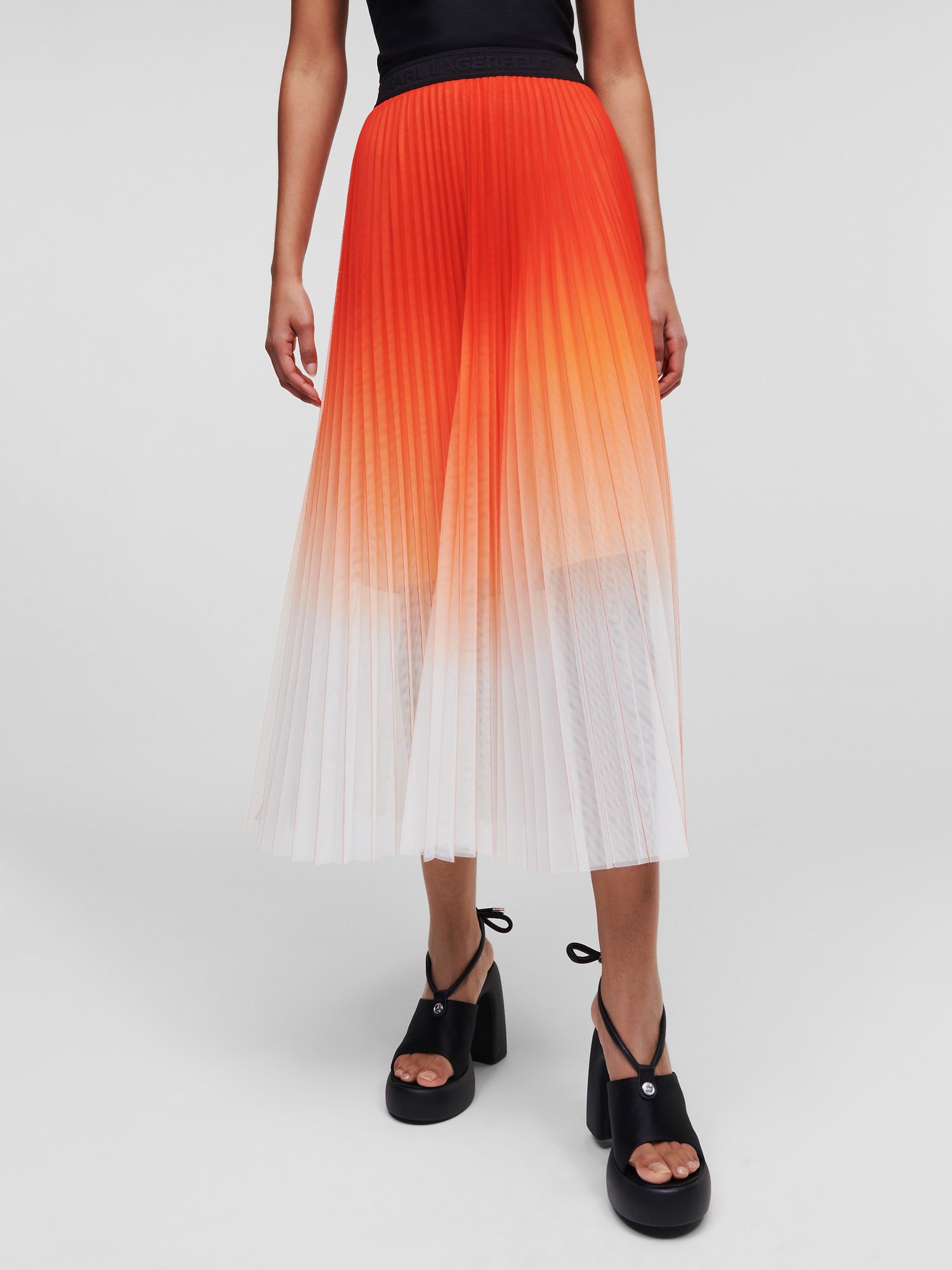 KARL LAGERFELD Mesh Ombre Pleated Skirt, Red at John Lewis & Partners
