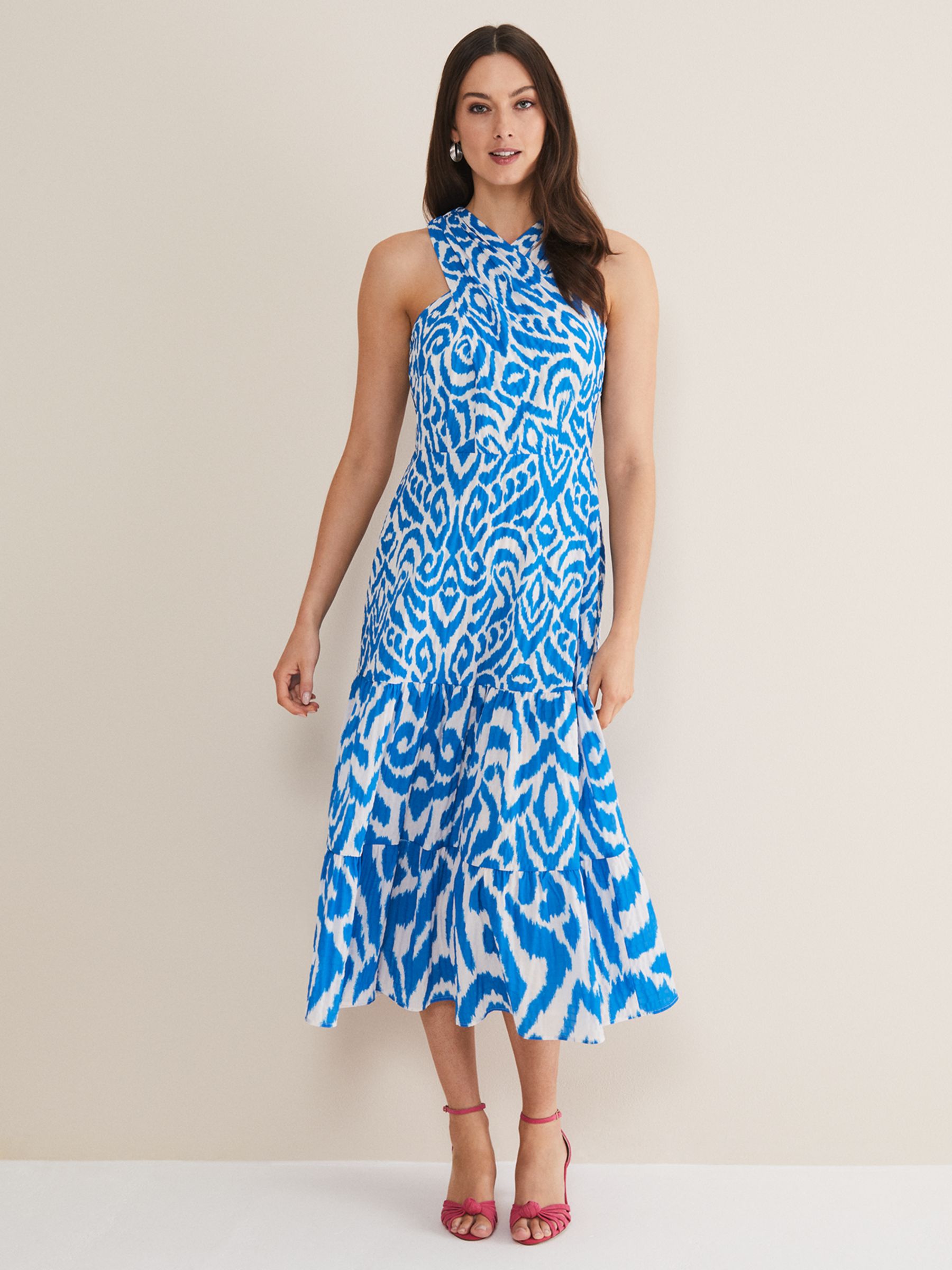 Phase Eight Bella Midi Dress, Azure Blue/Cream at John Lewis & Partners