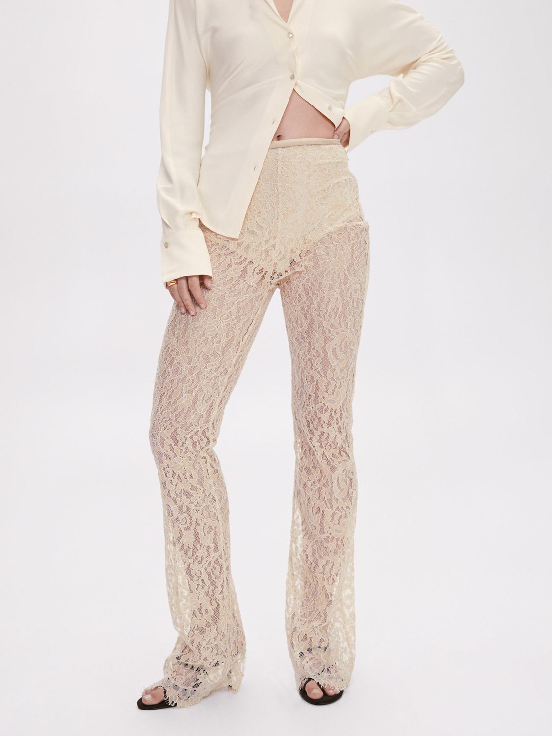 Mango Picasoo Lace Flared Trousers, Light Beige, 6