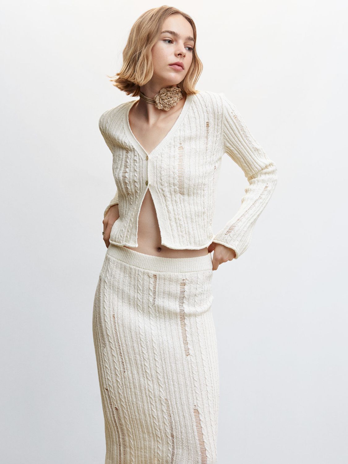 RIBBED KNIT CARDIGAN - Ecru