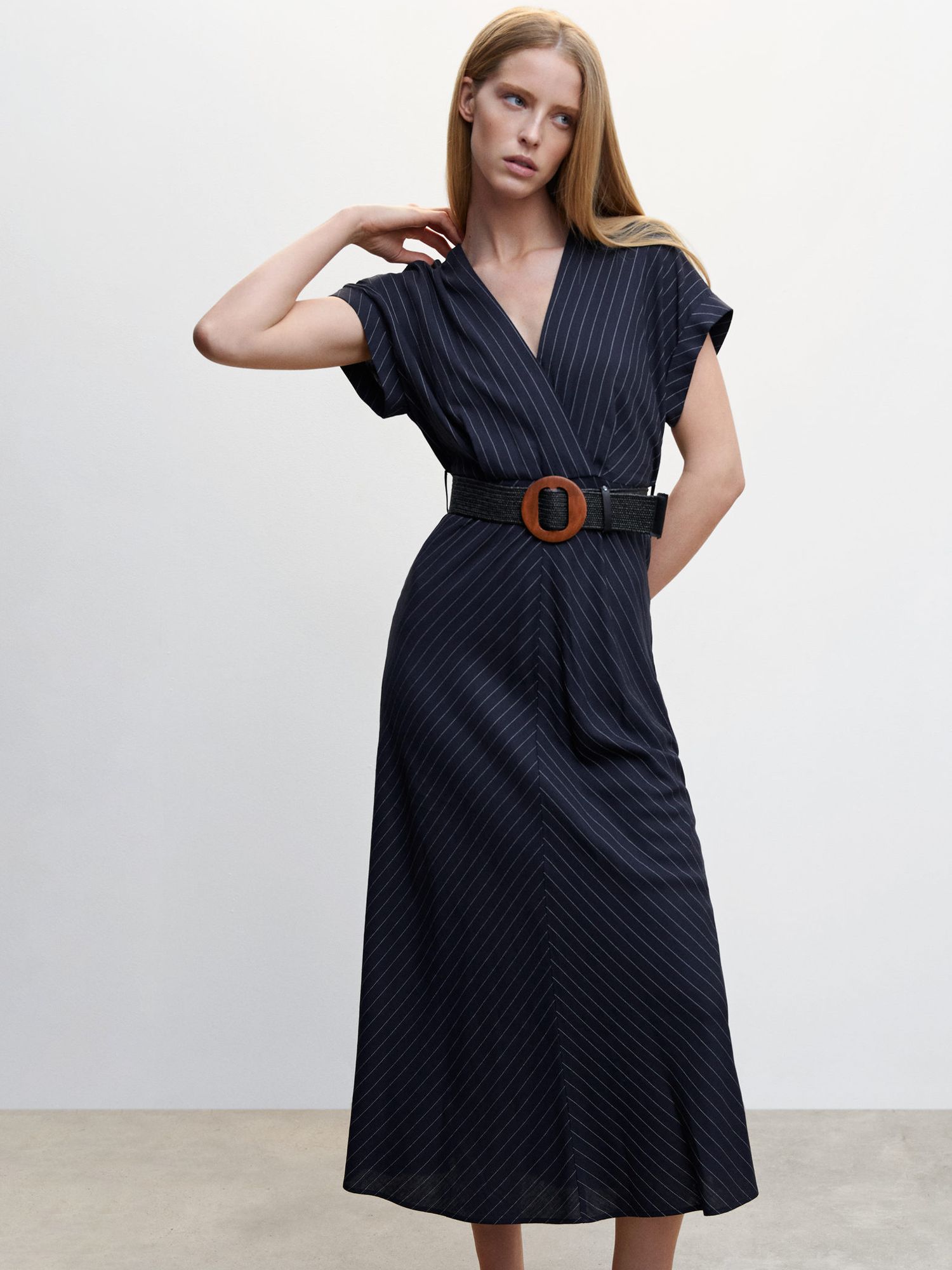 Mango Linen Pinstripe Print Dress, Dark Blue