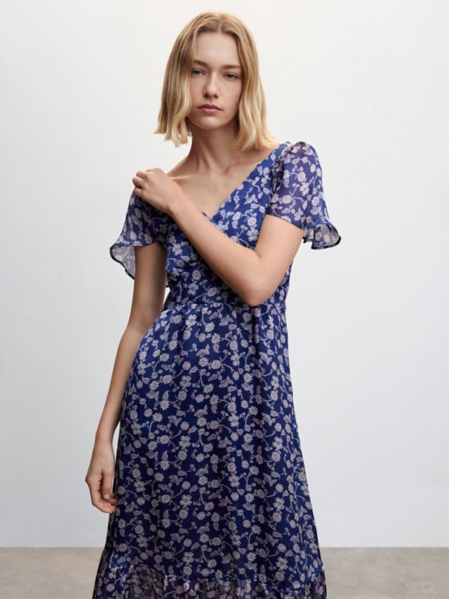 Mango Flori Floral Print Midi Dress, Medium Blue, 4