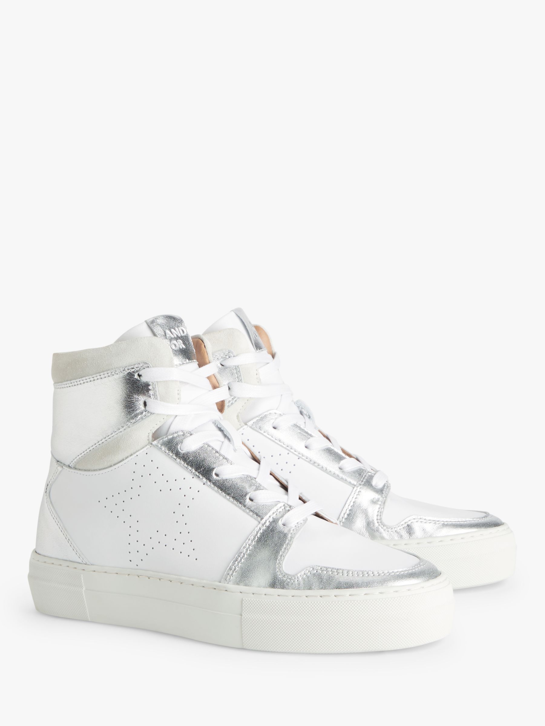 Buy AND/OR Ezra Leather Hi-Top Star Motif Trainers, White/Silver Online at johnlewis.com