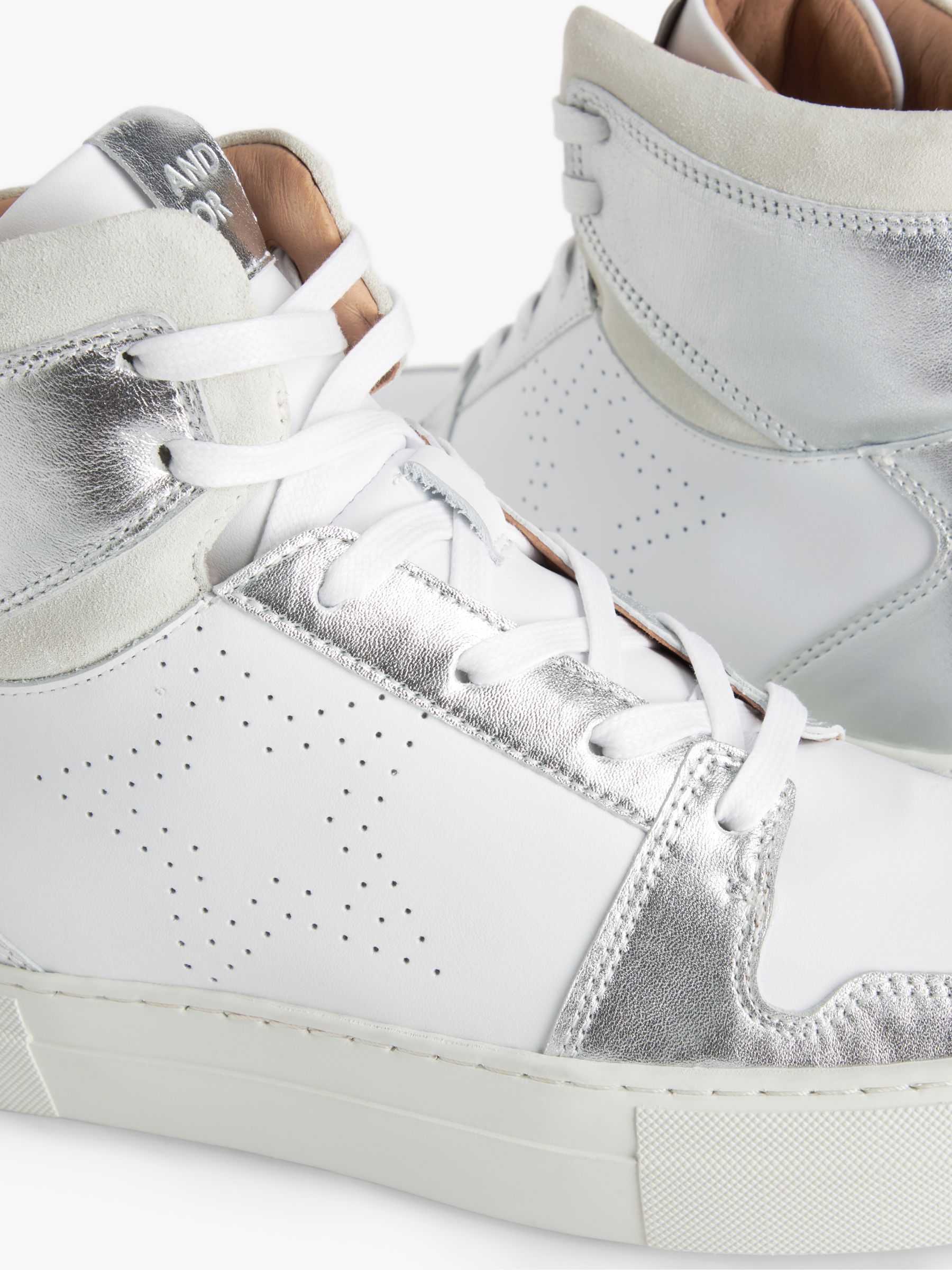Buy AND/OR Ezra Leather Hi-Top Star Motif Trainers, White/Silver Online at johnlewis.com