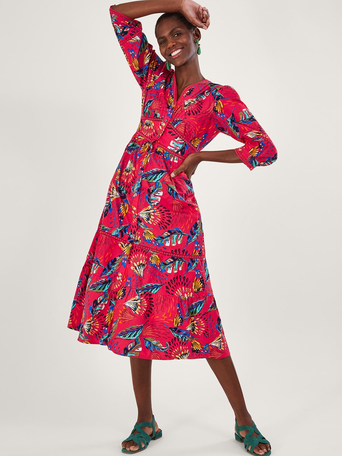 Monsoon Flavia Feather Print Midi Dress, Red/Multi at John Lewis & Partners