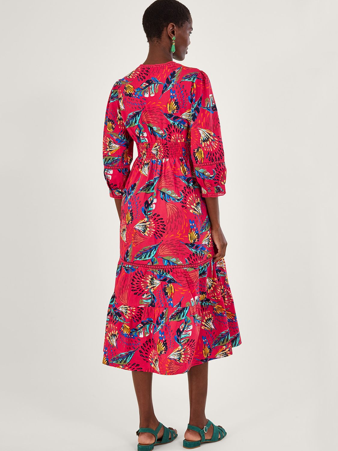 Monsoon Flavia Feather Print Midi Dress, Red/Multi at John Lewis & Partners