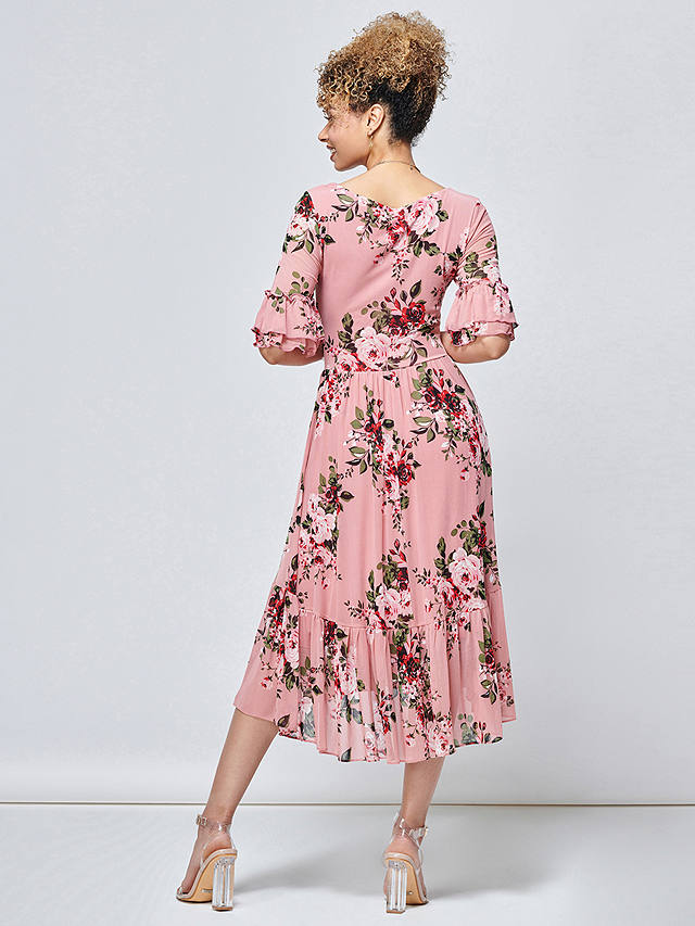 Jolie Moi Maab Mesh Ruffle Sleeve Midi Dress, Dusty Pink