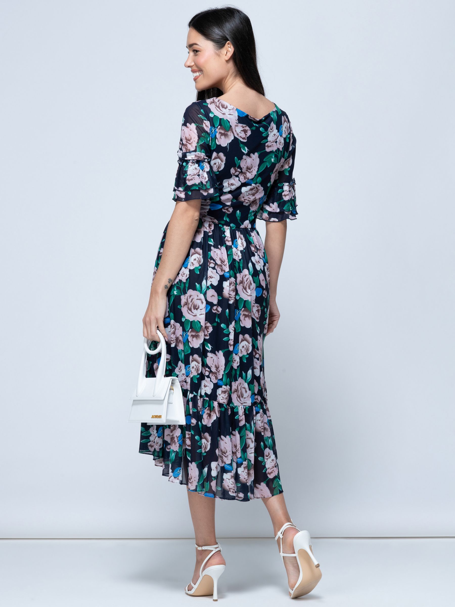 Jolie Moi Maab Mesh Ruffle Sleeve Midi Dress, Navy at John Lewis & Partners