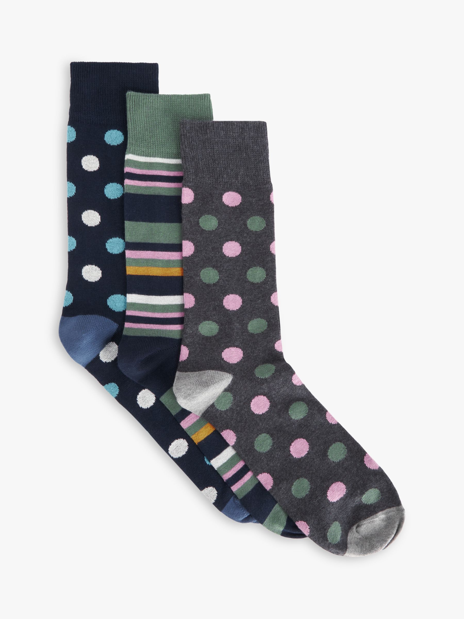 John Lewis Spot & Stripe Socks, Pack of 3, Multi at John Lewis & Partners