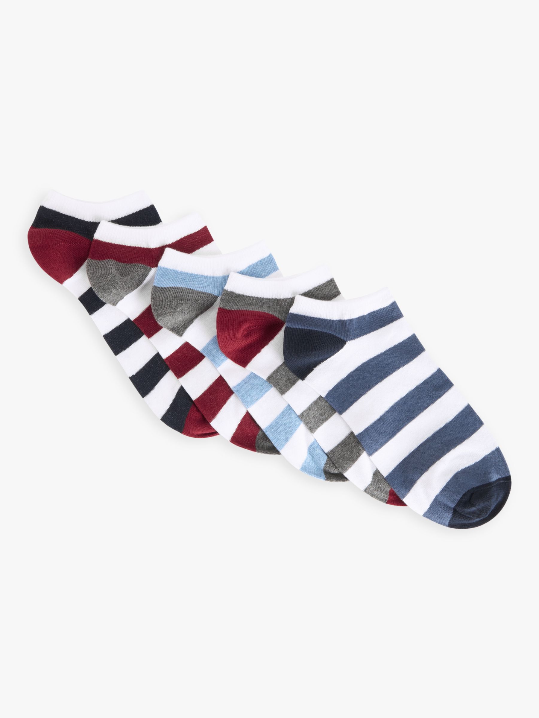 John Lewis Rugby Stripe Trainer Socks, Pack of 5, Black/Red/Blue/Grey, S-M