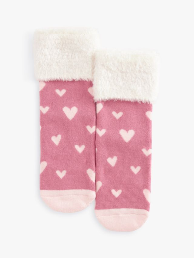 John Lewis Kids' Heart Terry Slipper Socks, Pink/White, 4-7