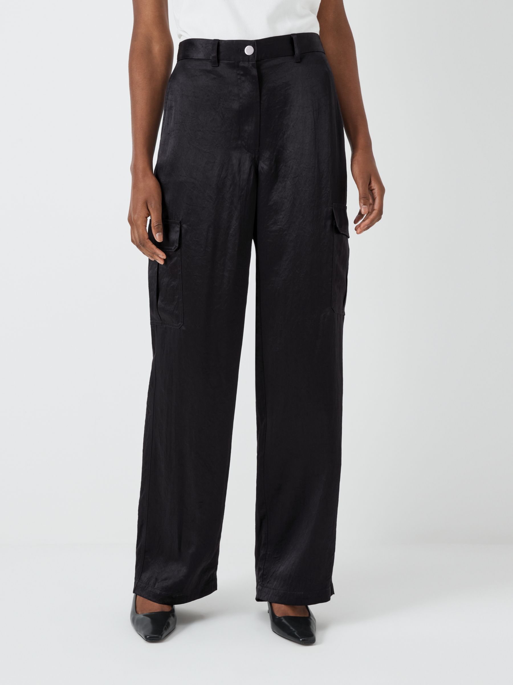 Theory Satin Cargo Trousers, Black at John Lewis & Partners