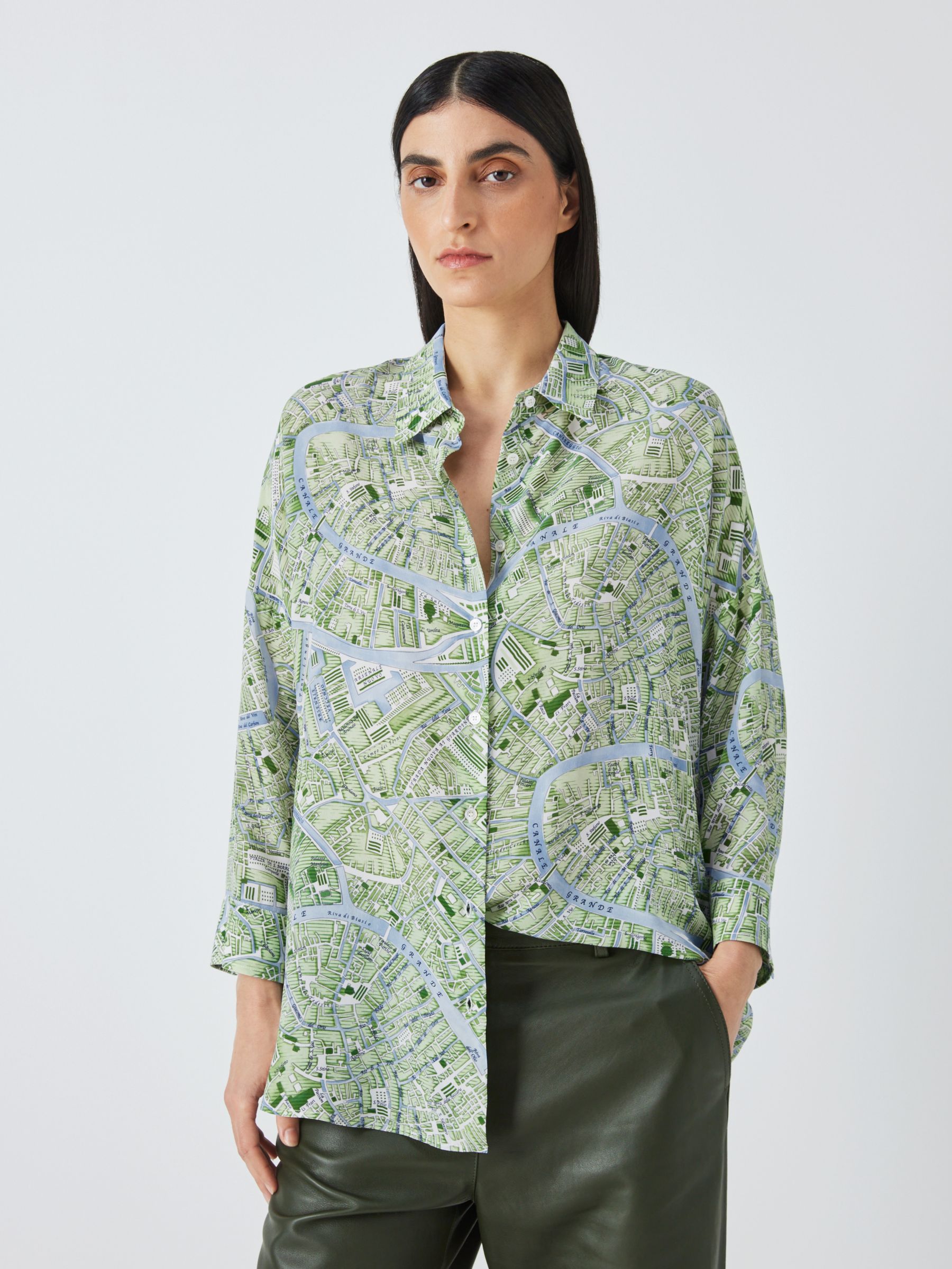 Weekend MaxMara Peana Map Silk Shirt, Green at John Lewis & Partners