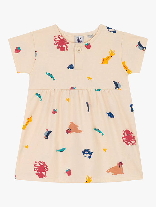 Petit Bateau Baby Cotton Animal Print Short Sleeve Jersey Dress, Avalanche/Multi