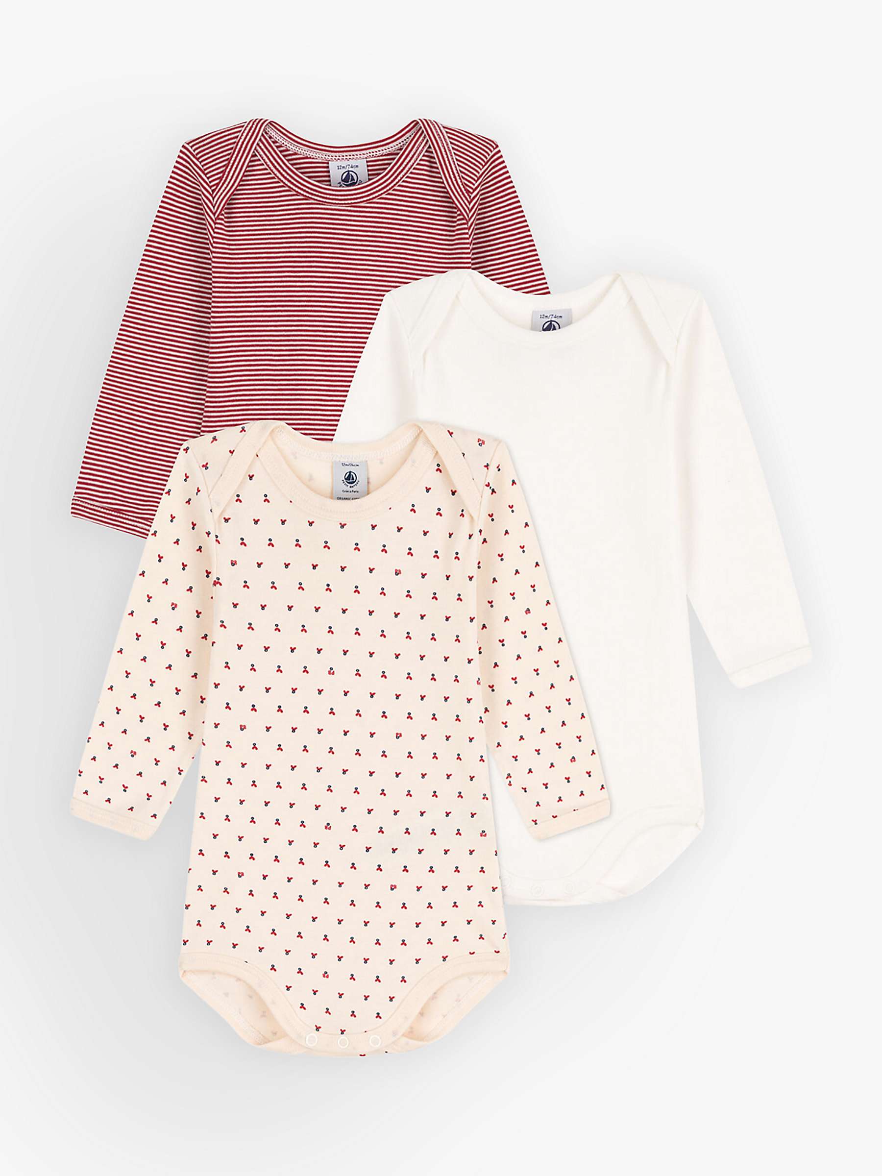 Buy Petit Bateau Baby Long Sleeve Bodysuits, Pack of 3, Red/Multi Online at johnlewis.com