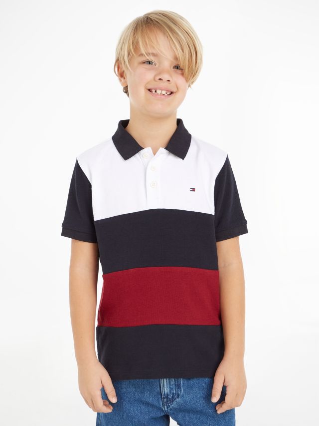Tommy Hilfiger Kids\' Stripe Logo Polo Shirt, Red/White/Blue, 6 years