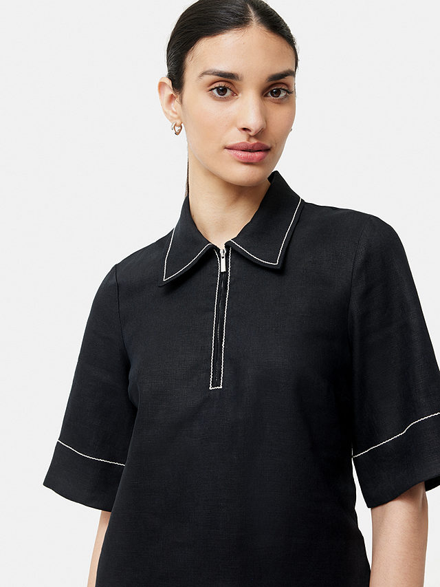 Jigsaw Linen Zip Front Mini Shirt Dress, Black, 6