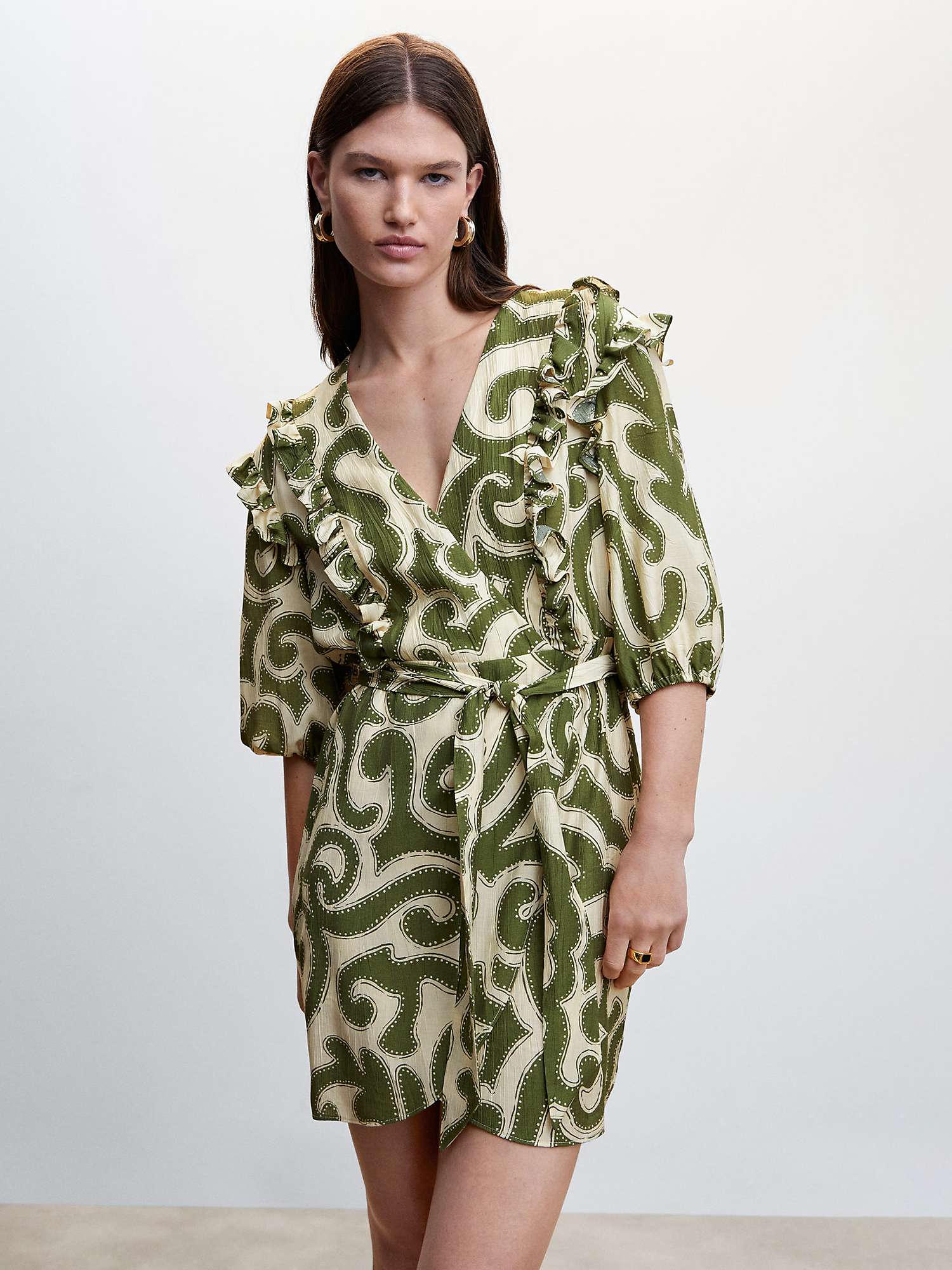 Buy Mango Tour Swirl Print Ruffle Mini Dress, Green Online at johnlewis.com