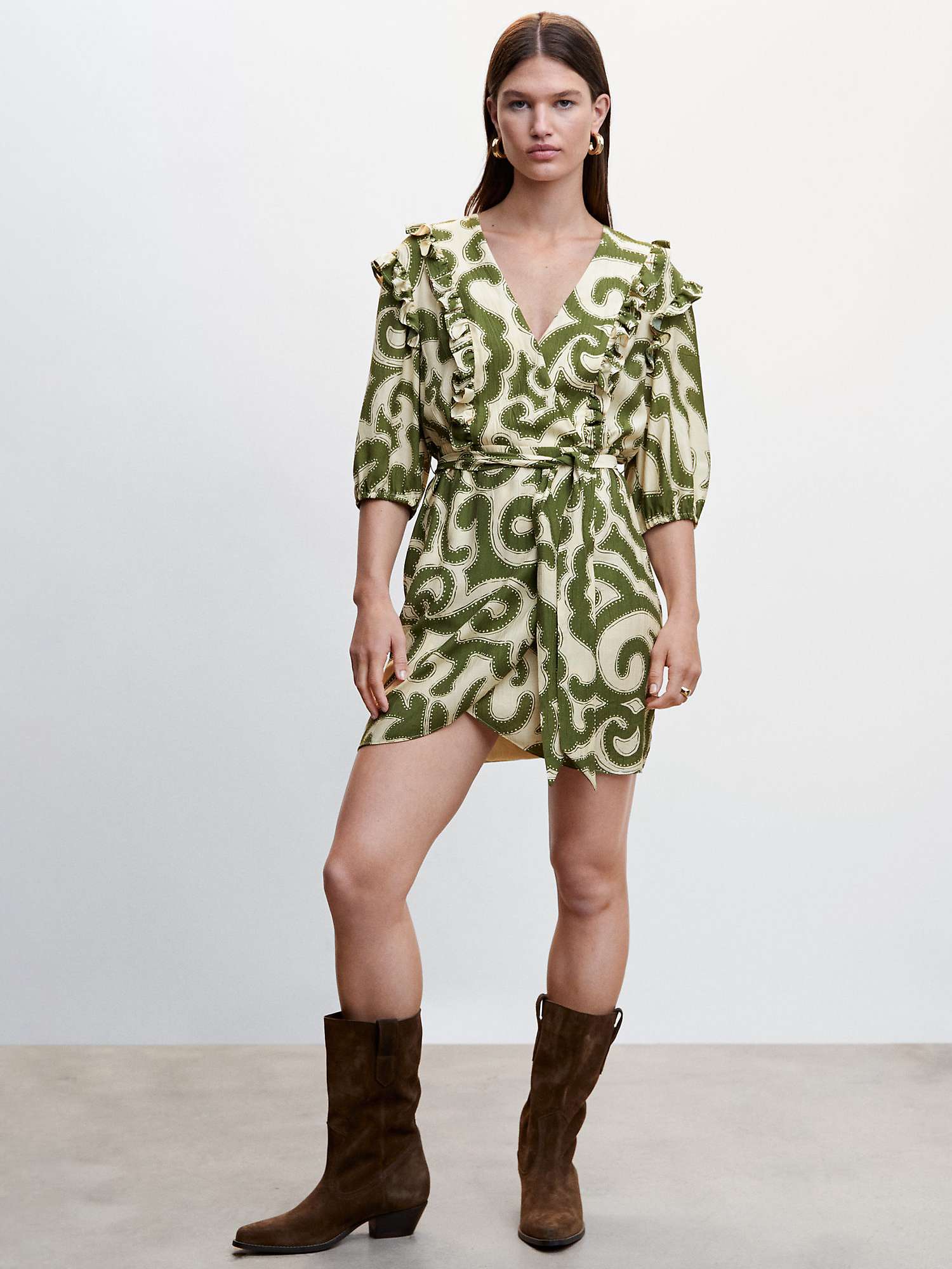 Buy Mango Tour Swirl Print Ruffle Mini Dress, Green Online at johnlewis.com