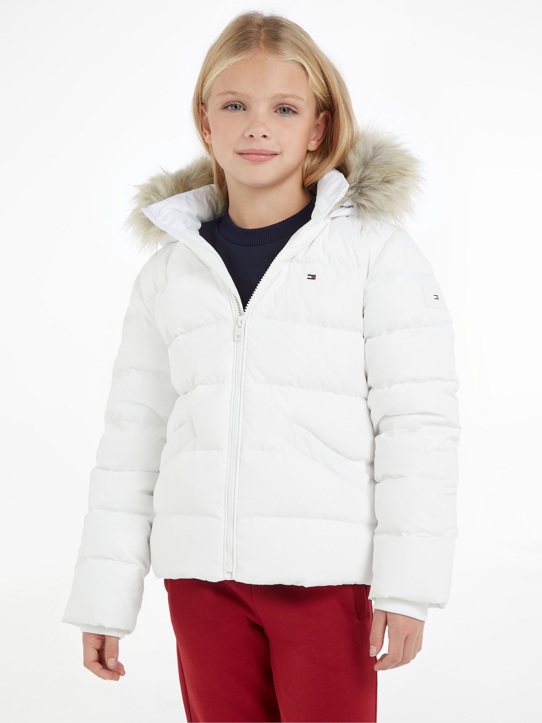 Tommy Hilfiger Kids' Essential Fur Trim Hooded Jacket, White at John ...