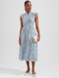 Hobbs Georgiana Abstract Print Belted Midi Dress, Blue/Multi, Blue/Multi