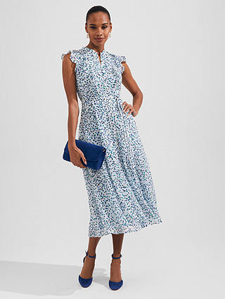 Hobbs Georgiana Abstract Print Belted Midi Dress, Blue/Multi