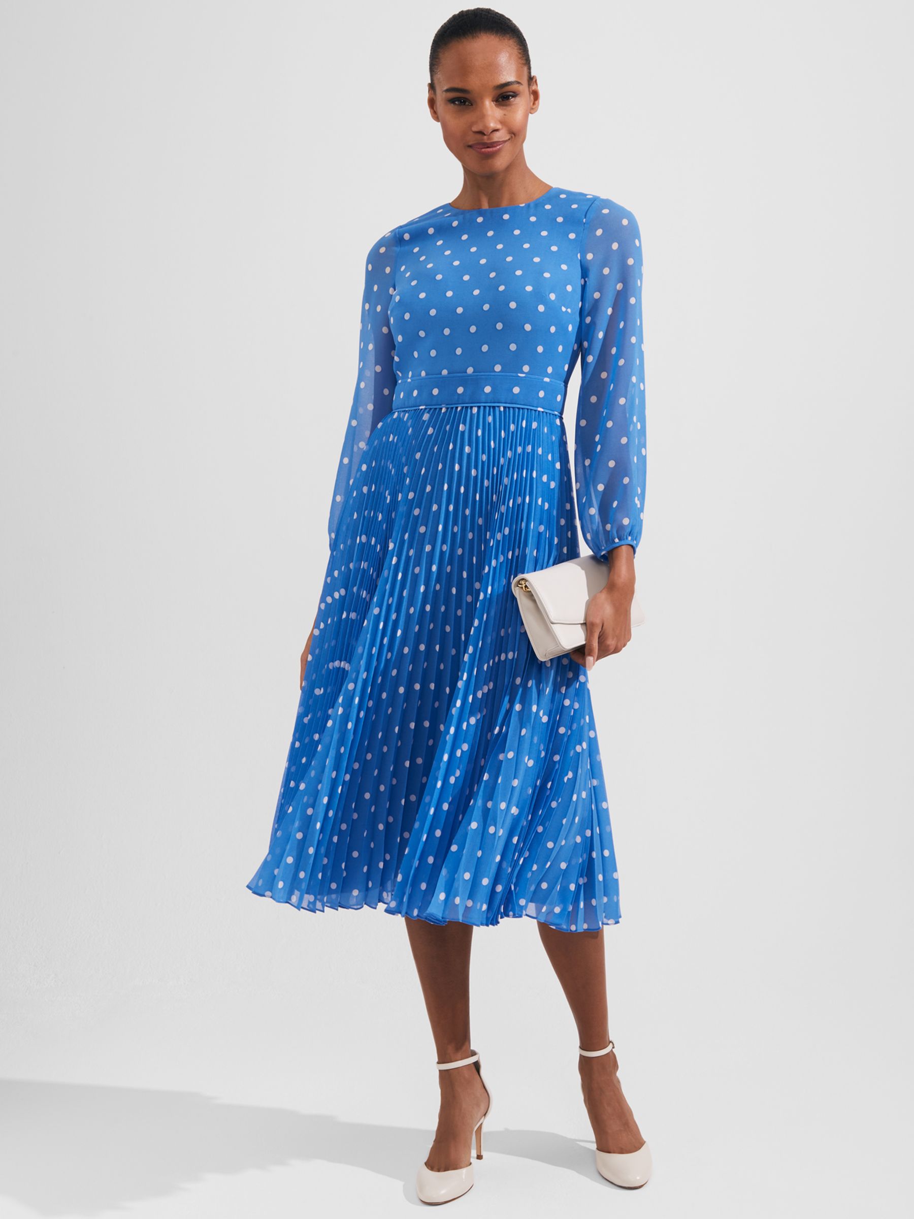 Hobbs Selena Polka Dot Pleated Dress, Blue/Ivory at John Lewis & Partners