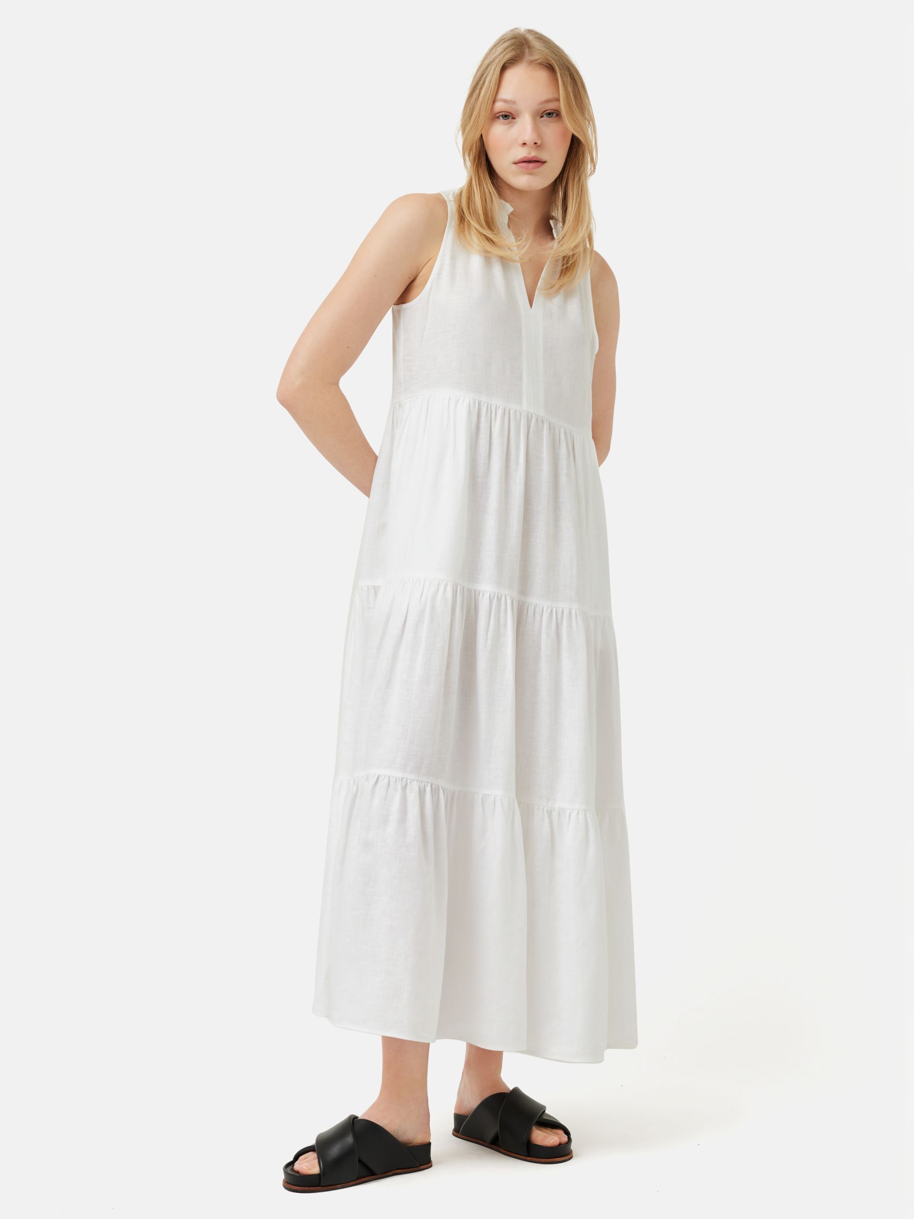 Jigsaw Sleeveless Tiered Linen Midi Dress, White
